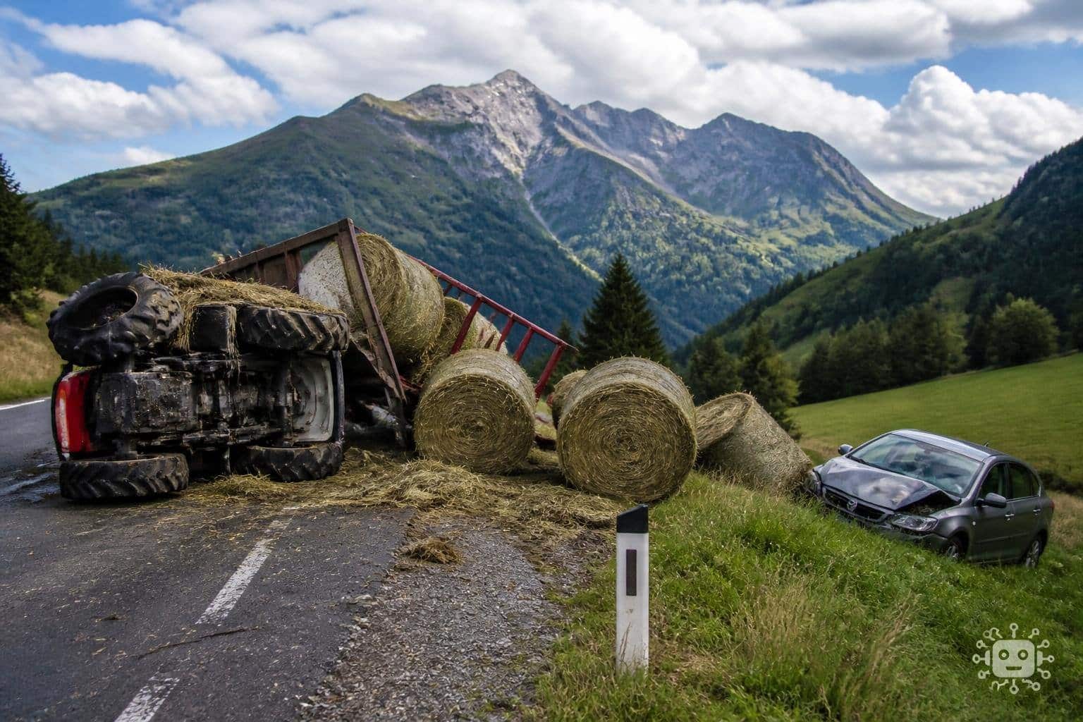 Auto kracht in Heuballen – Traktor kippt um