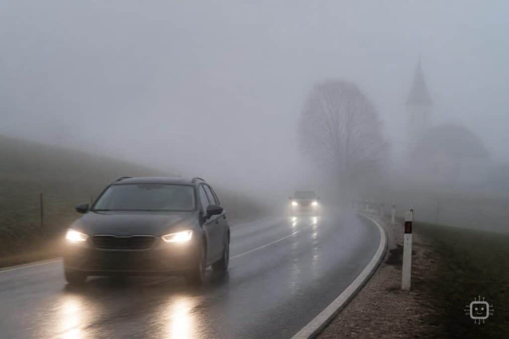 In einfacher Sprache: Achtung beim Auto-Fahren: Die Licht-Automatik geht bei Nebel nicht