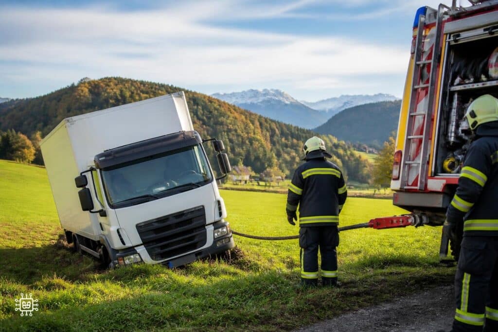 Feuerwehr zieht Lkw aus Wiese